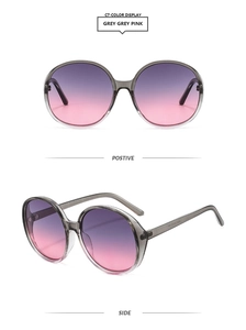 Detail views of grey transparent round frames with purple gradient lenses from two angles