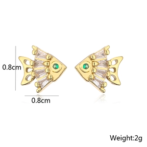 Detail view of 18K gold plated fish stud earrings with zircon inlay and size measurements
