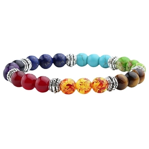 Chakra stretch bracelet with 8mm colorful natural stones and silver floral spacer beads