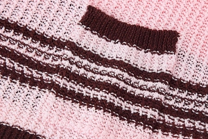 Detailed macro view of pink and dark brown striped knit fabric texture on short sleeve set