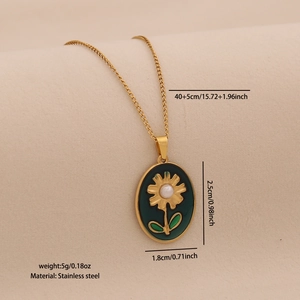 Detail of sunflower pendant with green enamel, pearl center and stainless steel chain