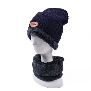 Winter knitted beanie and neck warmer set with navy blue fleece lining for cold weather