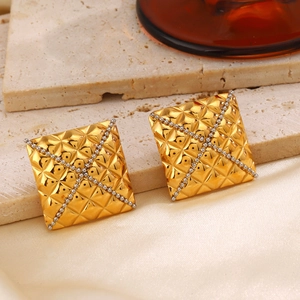 Golden square stud earrings featuring a cross pattern and quilted diamond texture