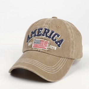 Casquette de baseball en jean délavé kaki avec broderie drapeau américain et lettres