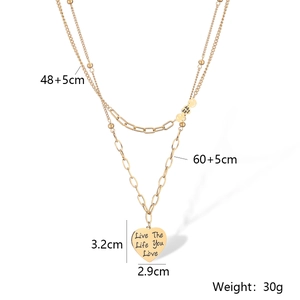 Detailed specs for gold double heart necklace with Live The Life You Love engraving