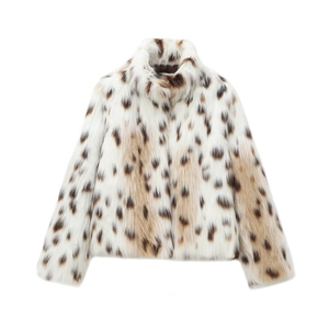 Women Leopard Print Faux Fur Coat Stand Collar Zip Up Short Plush Jacket Chic Elegant Casual