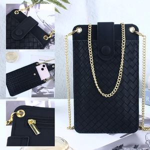 Sac De Téléphone Portable En Cuir PU Tissé Mini Sac À Bandoulière Vertical Avec Chaîne En Métal Pochette Chic