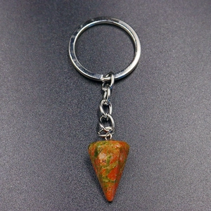 Unakite crystal hexagonal prism pendant keychain with silver metal ring and chain