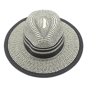 Classic wide brim black and white striped straw panama hat for sun protection