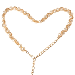 Elegant gold metal waist chain for women with white pearls arranged in a heart shape