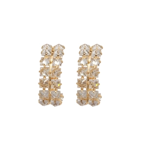 Elegant C-shaped gold hoop earrings featuring double rows of clear cubic zirconia stones