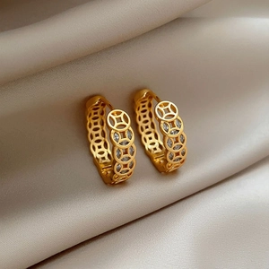 New Chinese Style Round Copper Coin Hoop Earrings For Women Real Gold Plated Copper Zircon Hollow Retro Elegant Jewelry