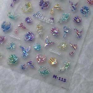 3D holographic ocean nail stickers with shell and fishtail patterns model M-115
