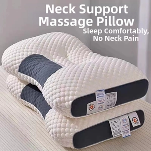 Close-up of ergonomic knit massage pillow with SGS certification labels and breathable fabric