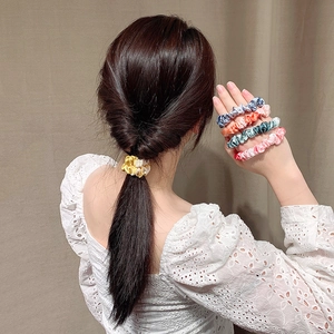 Elegant satin pleated hair scrunchies set in yellow, pink, orange, and blue gray colors