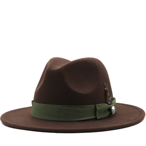Classic Vintage Fedora Hat Brown Wool Felt Wide Brim With Ribbon Band Feather And Metal Pin For Unisex Adults