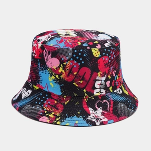 Detail of colorful graffiti bucket hat featuring cool lettering and street art patterns