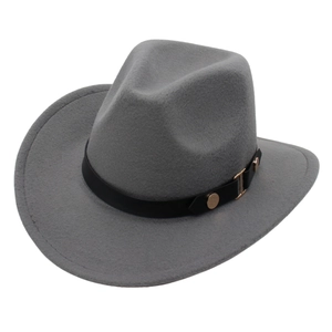 Detail of grey wool felt cowboy hat featuring a black leather belt with gold metal buckles