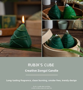 Close-up of green zongzi-shaped candle with realistic leaf texture and rope details