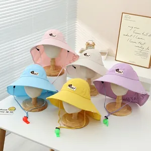 Kids wide brim sun hat with neck flap in five colors featuring bear patch and whistle