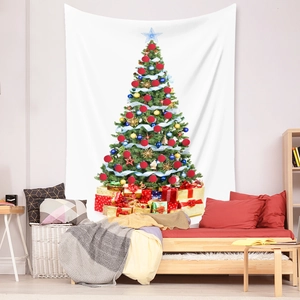 Detail of Christmas tree tapestry with gift boxes on white background for wall decor