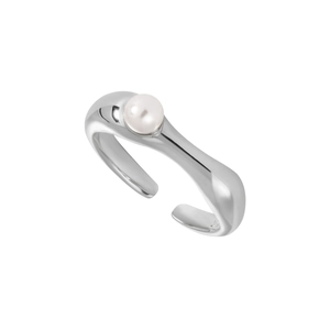 Minimalist S925 sterling silver open ring with a single round pearl on white background