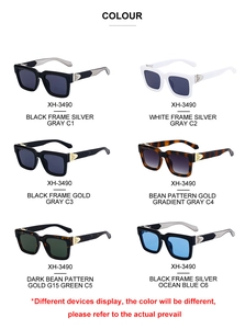 Matrix display of square sunglasses in six colorways including black, silver, and gold frames