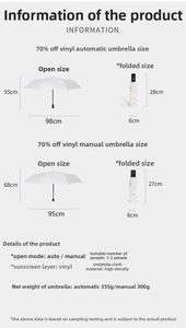 Size specifications table for automatic and manual folding sun umbrellas with UV protection