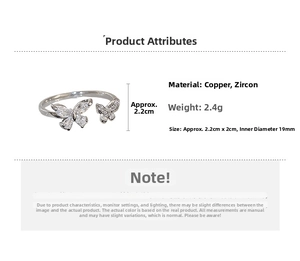 Silver butterfly open ring specifications showing copper zircon material and 2.4g weight