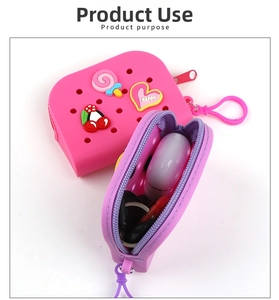 Close-up of waterproof silicone mini coin purse with hollow hole design and cute charms