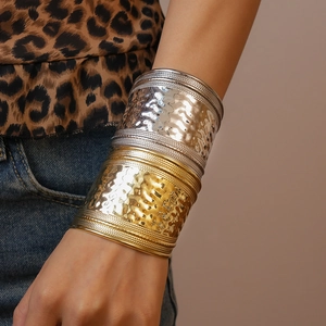Hammered Metal Wide Cuff Bracelet Iron Open Geometric Bangle Bohemian Vintage Style Statement Jewelry For Women