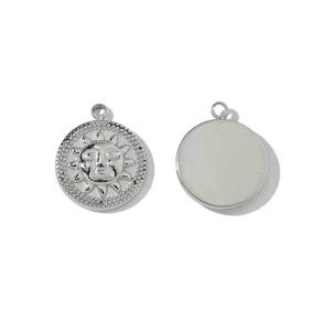 Detailed view of silver stainless steel sun face pendant with a decorative beaded border
