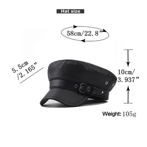 Detailed size chart for black PU leather newsboy cap with circumference and height specs