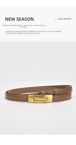 Detailed macro shot of slim brown leather belt with elegant golden metal buckle