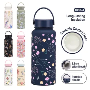 Large Capacity Vacuum Insulated Water Bottle With Ceramic Coated Liner 304 Stainless Steel Floral Print Portable Handle Sports