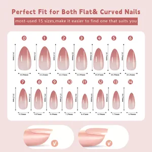 Size chart displaying 15 sizes of gradient press-on nails with length and width dimensions