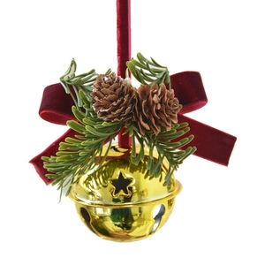 Christmas gold star-cut bell ornament with red velvet bow, pine needles and pinecones