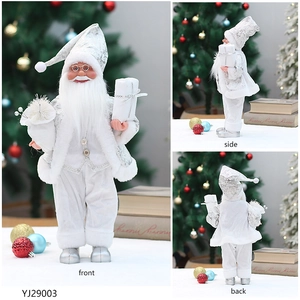 Front side and back views of an 18-inch Santa Claus doll in white and silver outfit