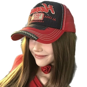 Vintage red and black color-block baseball cap with Hawaii Aloha embroidery on a model