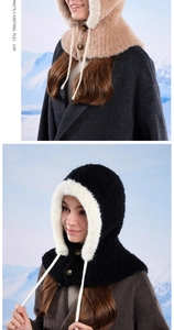 Detail of winter knitted balaclava with faux fur trim, buttons and adjustable drawstrings
