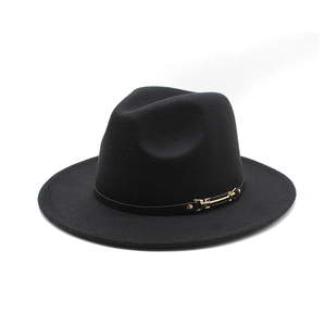 Classic black wool fedora hat with wide brim and leather band featuring a gold buckle