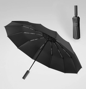 Detail of automatic black umbrella showing windproof frame and compact folded form