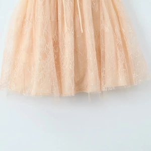 Lace embroidery detail on summer dress with sequins and soft mesh fabric textures