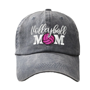 Washed dark grey baseball cap with embroidered Volleyball MOM text and pink volleyball