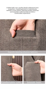 Detail view of brown checkered knit vest showing textured pockets, armholes and hemline