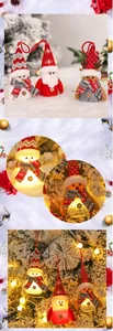 Close-up of LED glowing Christmas gnome ornaments including Santa, Snowman and Reindeer