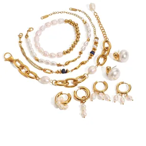 Stainless Steel Jewelry 18K Gold Plated Artificial Baroque Pearl Waterproof Hypoallergenic Earrings Bracelet Necklace Women Style