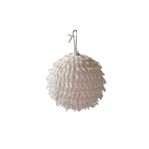 White textured foam Christmas ball ornament with silver cap and hanging string for trees