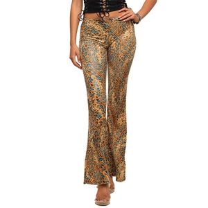 High-waist leopard print flare pants with blue spots in a slim-fit stretchy fabric