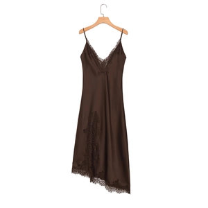 Brown satin slip dress with black lace trim and asymmetrical hem on a hanger